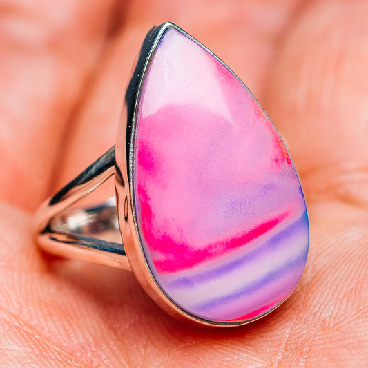 Teardrop opal ring with iridescent pink-purple stone, .925 sterling silver band