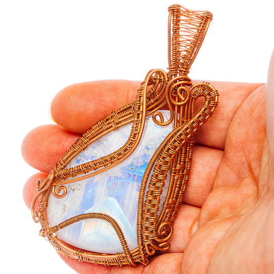 Rainbow Moonstone Wire Wrap Pendant 3 1/4" (Copper)