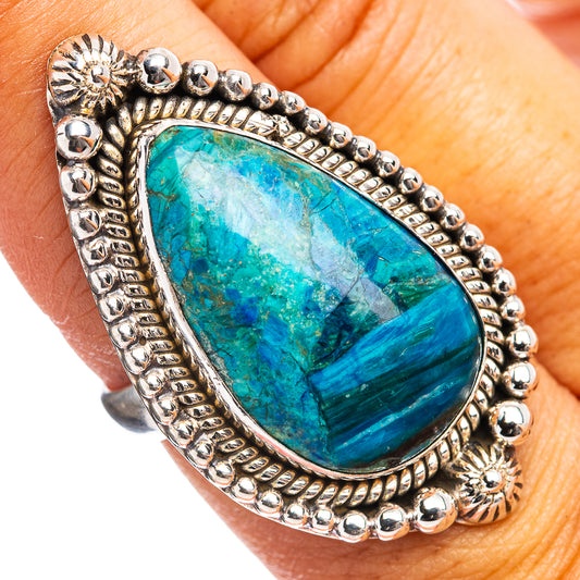 Sterling silver teardrop opal ring with ornate beaded border, blue-green gemstone