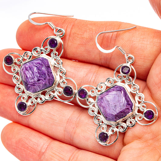 Amethyst and charoite drop earrings in .925 sterling silver, purple stones, ornate setting