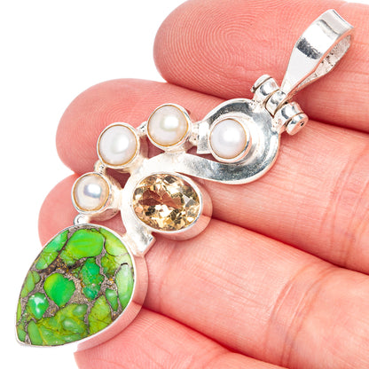 Silver pendant with green turquoise teardrop, cultured pearls and round citrine stone