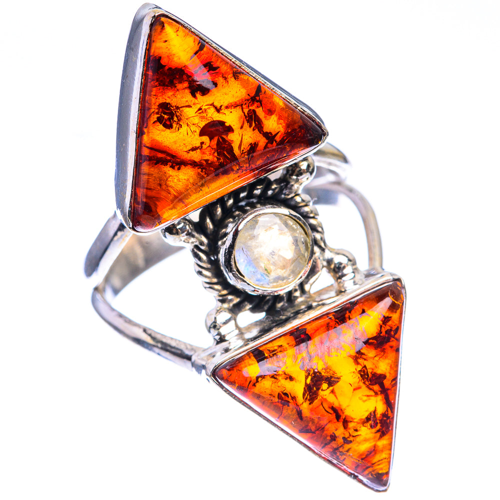 Large Baltic Amber, Rainbow Moonstone Ring Size 7.75 (925 Sterling Silver) RING143459