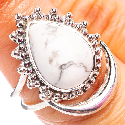 Howlite oval stone ring, .925 sterling silver beaded halo, size 6.75
