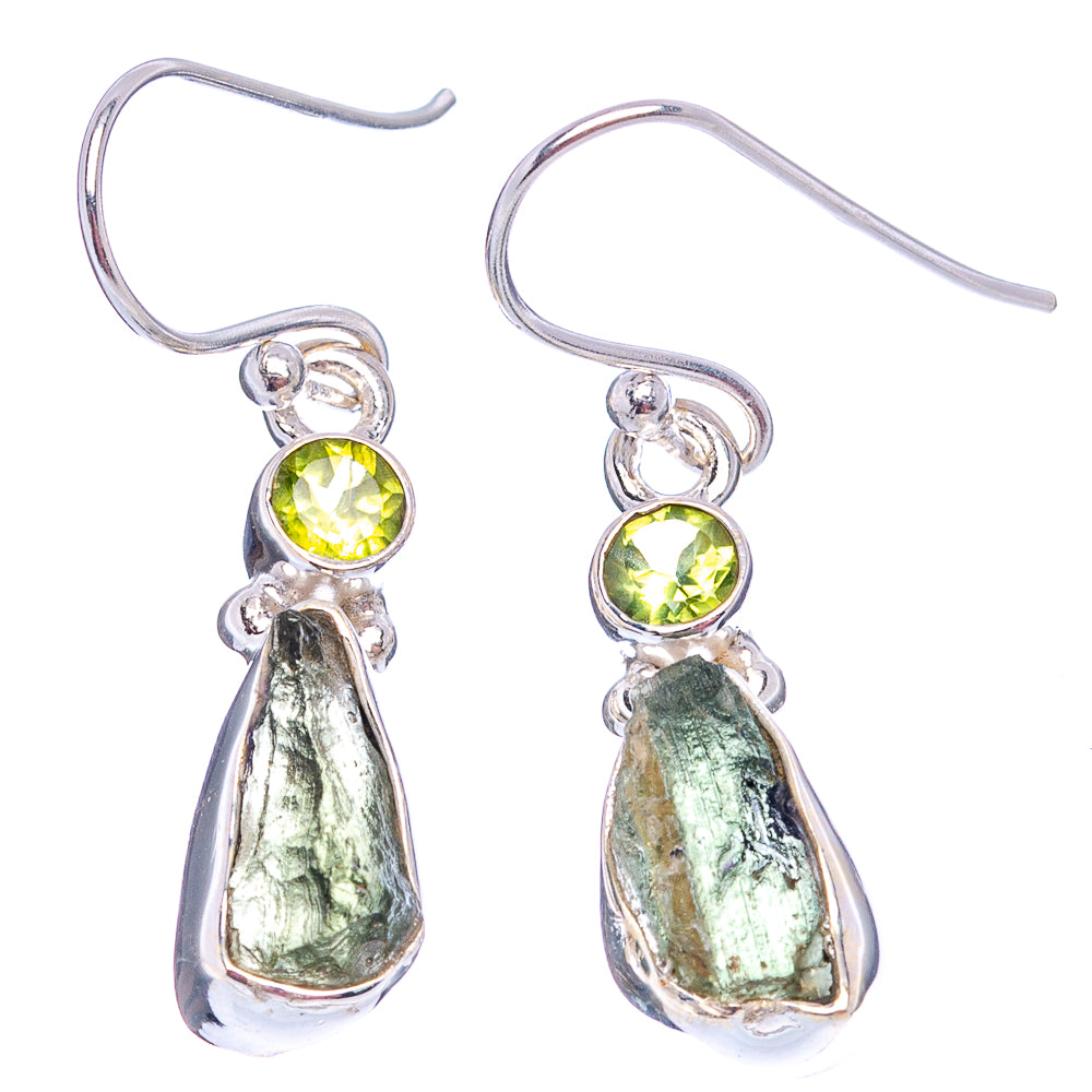 925 sterling silver drop earrings with green teardrop moldavite and round green stone