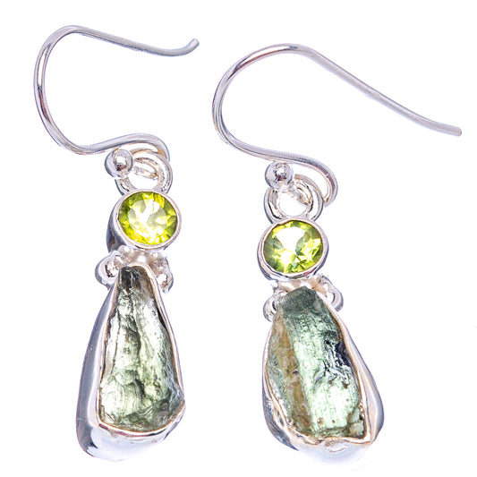 925 sterling silver drop earrings with green teardrop moldavite and round green stone