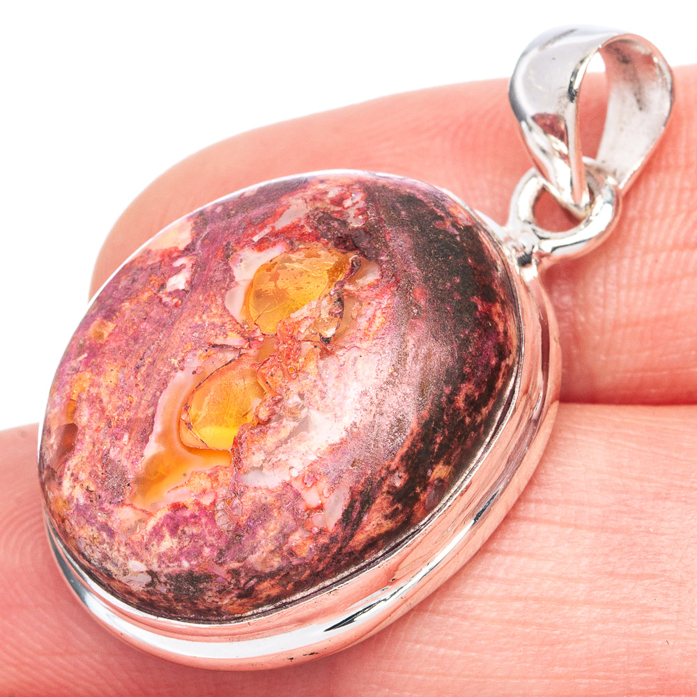 925 sterling silver oval fire opal pendant, red-and-gold cabochon bezel and bail