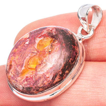 925 sterling silver oval fire opal pendant, red-and-gold cabochon bezel and bail