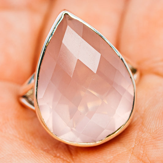 Teardrop rose quartz gemstone ring in .925 sterling silver bezel, angled view