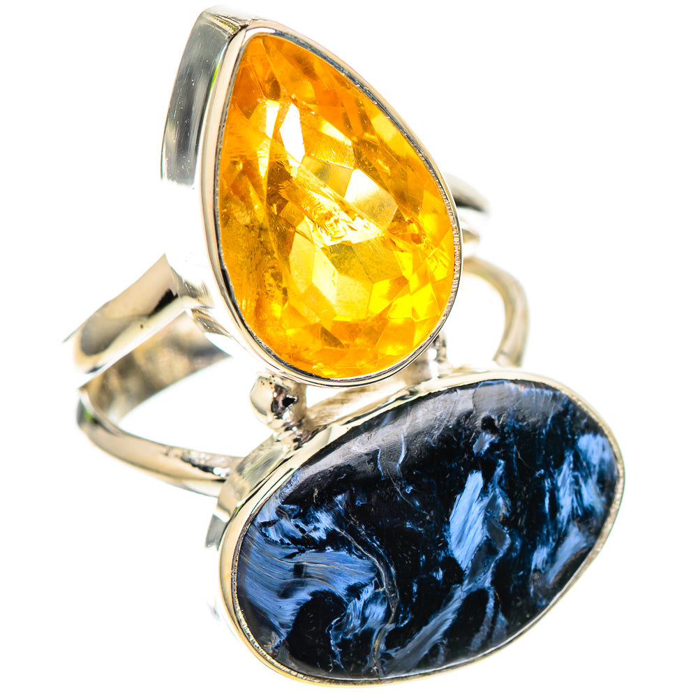 Sterling silver double-stone ring, yellow citrine top and blue pietersite bottom