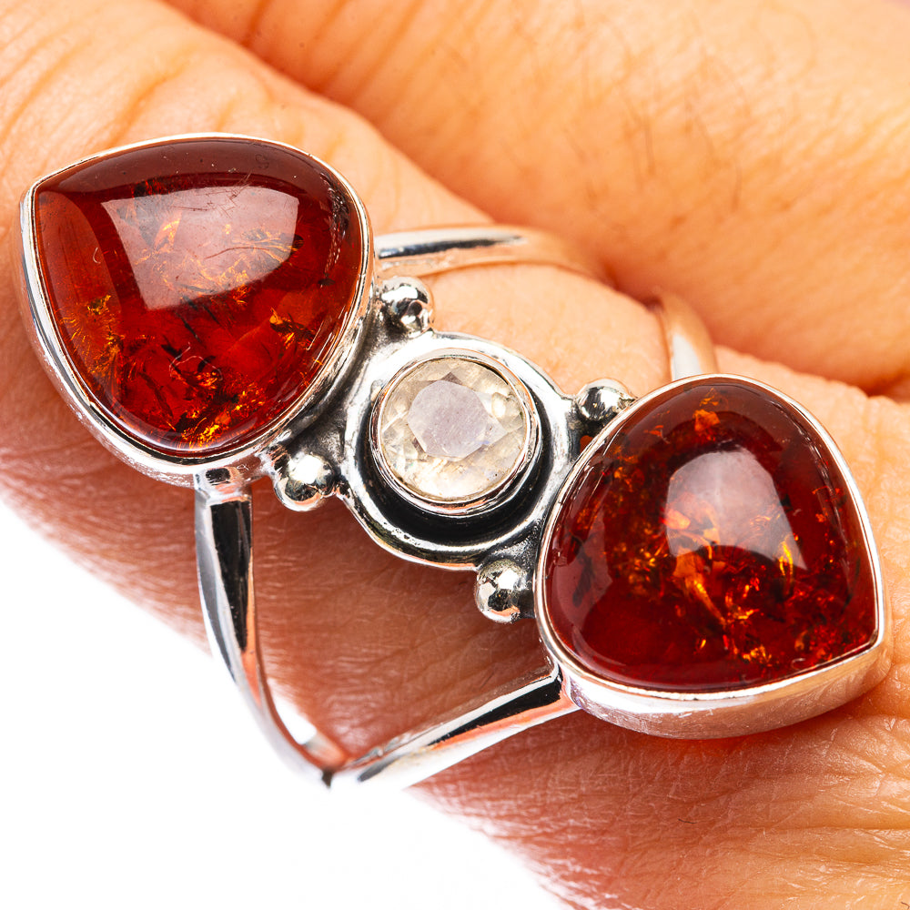 Large Baltic Amber, Rainbow Moonstone Ring Size 10 (925 Sterling Silver) R142747