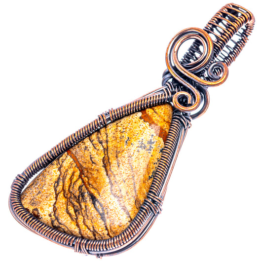 Oxidized copper wire-wrapped picture jasper teardrop pendant, coiled wire bail