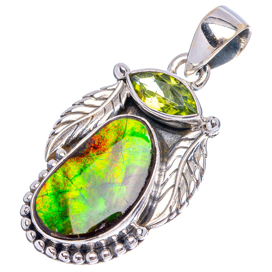Sterling silver ammolite pendant with oval green stones and leaf filigree