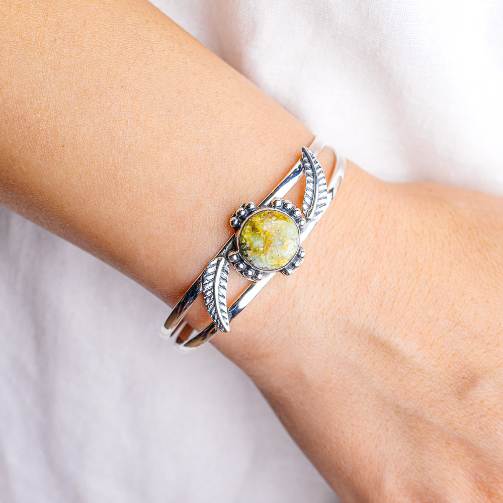 Sonoran Gold Turquoise Native Style Cuff Bracelet Adjustable (.925 Sterling Silver)