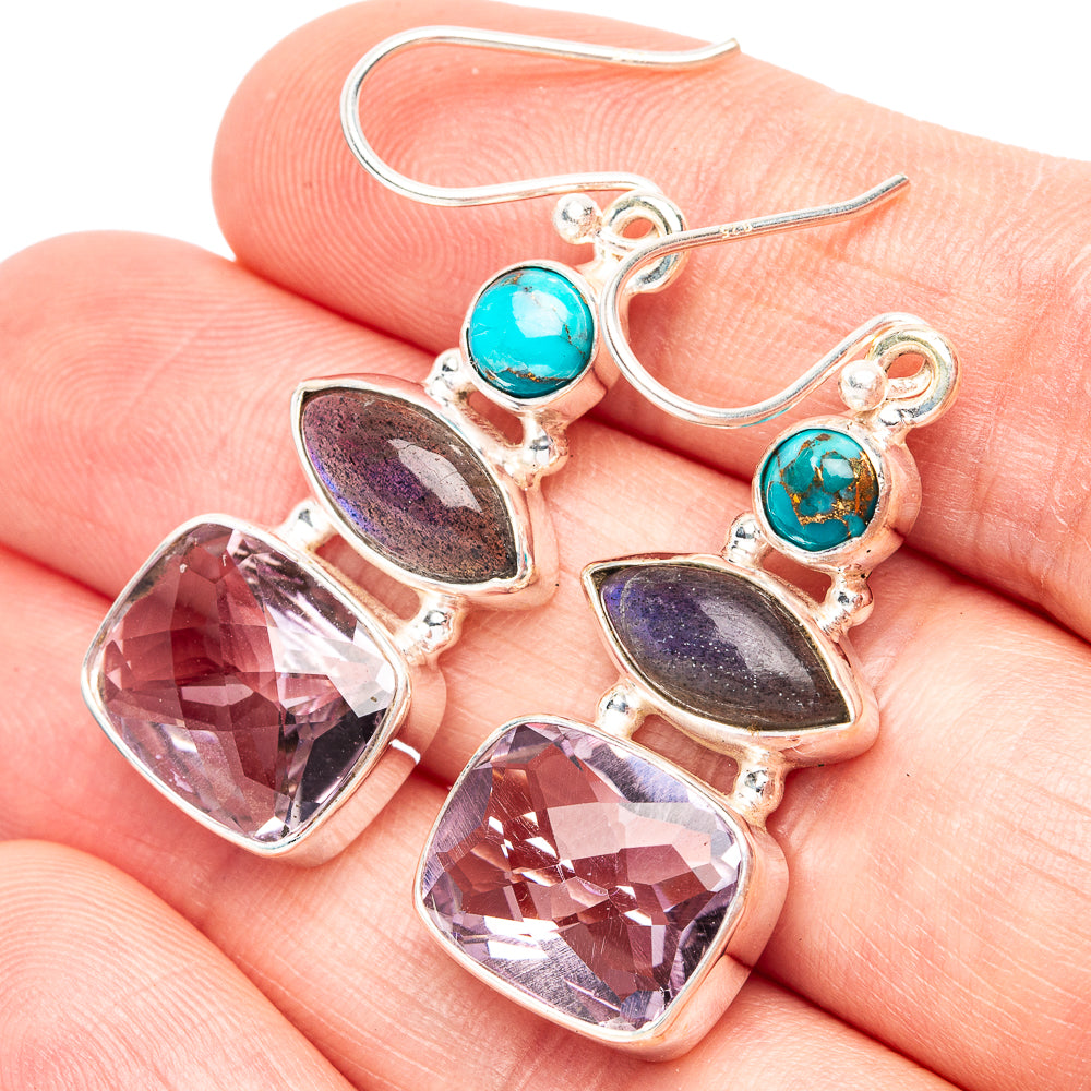 Faceted Pink Amethyst, Labradorite, Blue Copper Composite Turquoise 925 Sterling Silver Earrings 1 5/8" (925 Sterling Silver) E2188