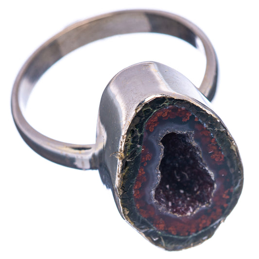 Sterling silver ring with oval druzy cabochon, dark base and red highlights