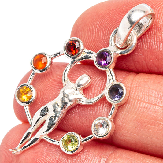 Sterling silver chakra pendant with multicolor round gemstones and birdlike charm