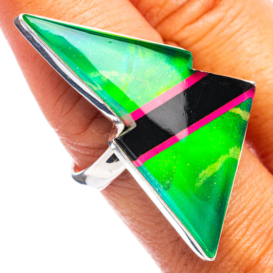 Sterling silver opal bolt ring, green triangular stone with pink edge, on finger