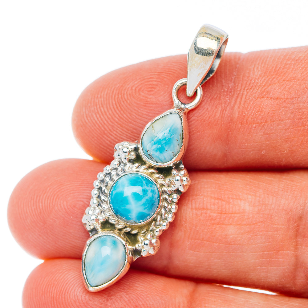 Sterling silver larimar pendant with three oval blue stones in ornate setting