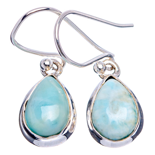 Larimar teardrop earrings in .925 sterling silver with wire hooks and curved settings