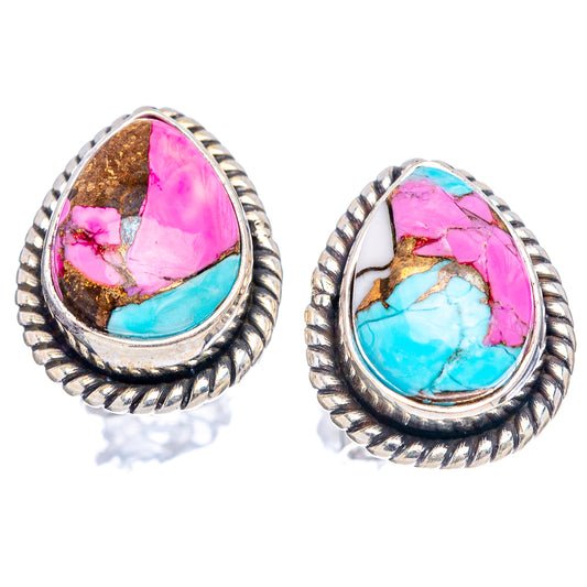 Turquoise and pink teardrop stud earrings, sterling silver with textured rope edge