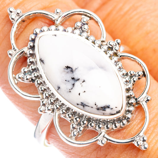Oval dendritic opal ring in .925 sterling silver with textured halo and bead prongs