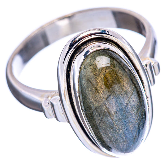 Labradorite oval gemstone ring, .925 sterling silver bezel with green-blue flash