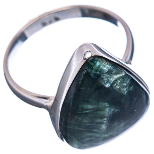 Sterling silver ring with dark green seraphinite cabochon in bezel, size 8.