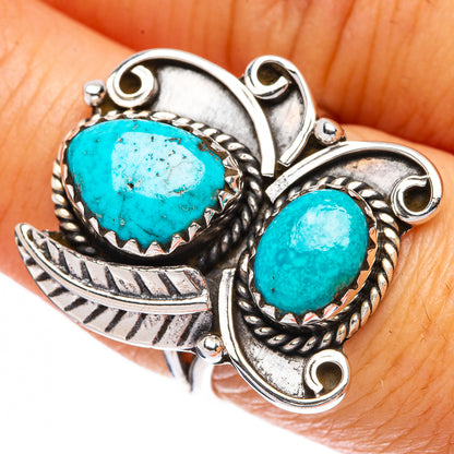 Sterling silver turquoise ring, oval bezel-set stones, ornate scrollwork, size 7