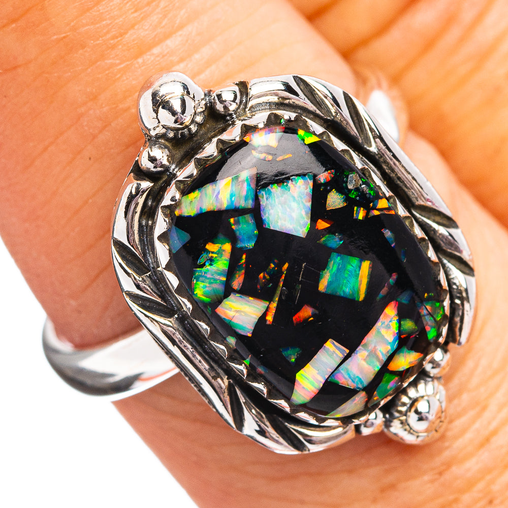 Southwestern Style Mosaic Opal Ring Size 8 Adjustable (.925 Sterling Silver)