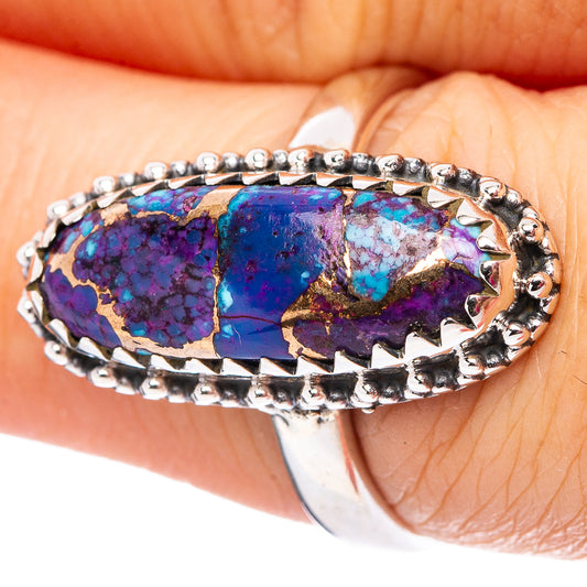 Purple and blue turquoise oval ring in .925 sterling silver, beaded bezel