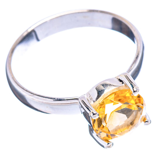 Round faceted citrine gemstone ring, .925 sterling silver band with side prongs