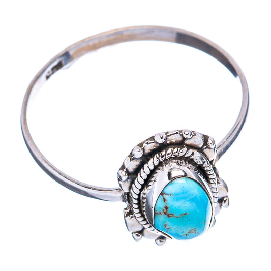 Turquoise cabochon sterling silver ring with beadwork bezel and smooth band, size 9