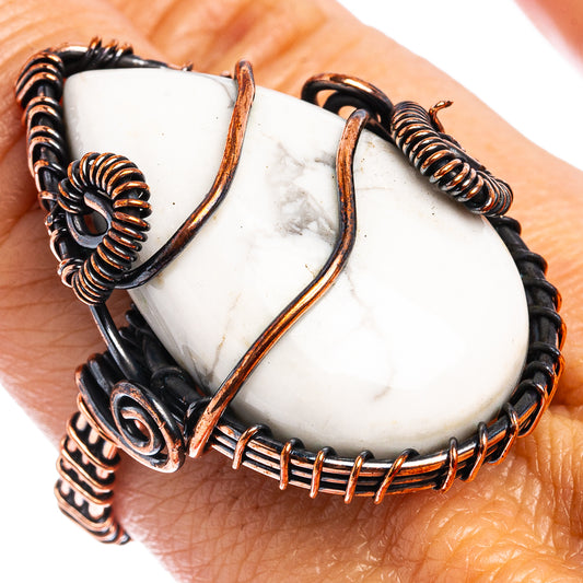Howlite wire wrap ring with teardrop stone, oxidized copper wire loops on band