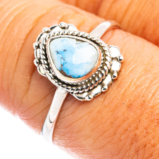 Turquoise oval dainty sterling silver ring with ornate rope bezel, size 8.75