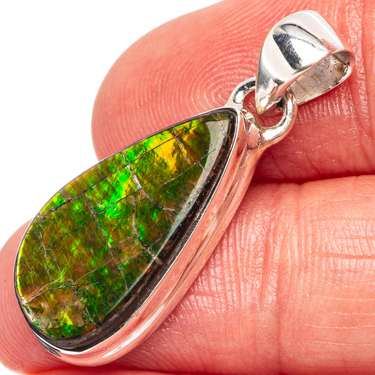 Sterling silver ammolite pendant with teardrop iridescent green and yellow stone