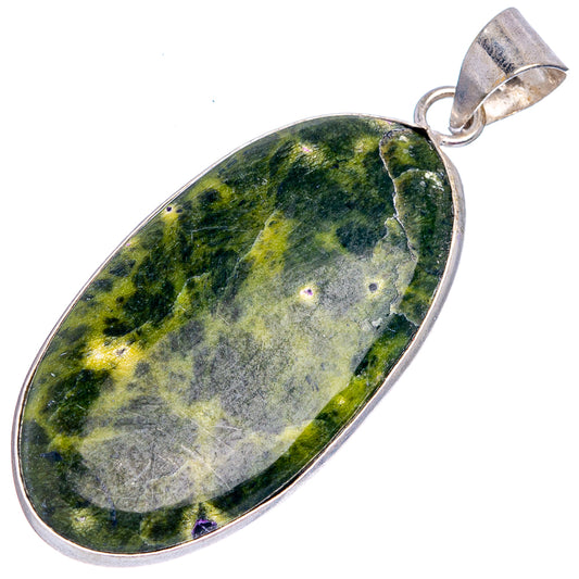 Stichtite pendant with oval cabochon stone in green and yellow speckles, silver-plated bail