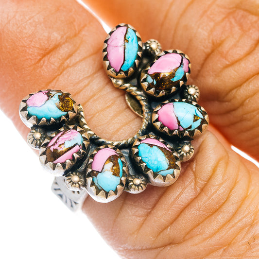 Naja-style turquoise and pink stone inlay sterling silver ring, ornate cross design