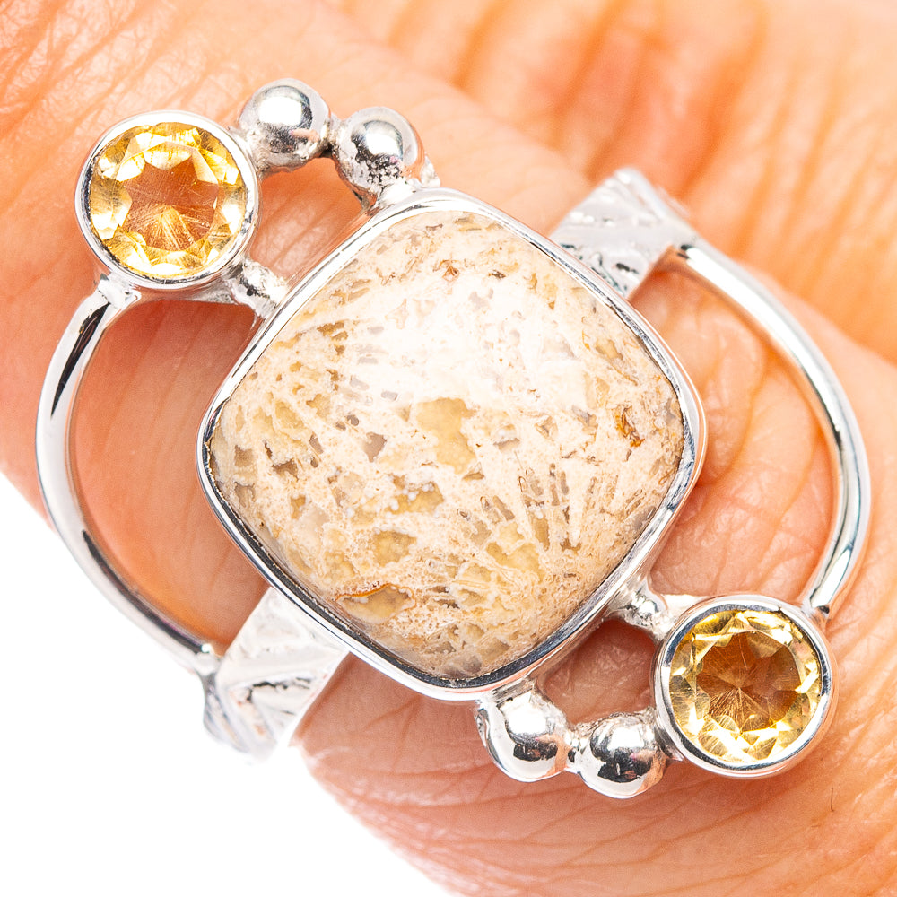 Premium Fossil Coral, Citrine Ring Size 6.75 (.925 Sterling Silver)