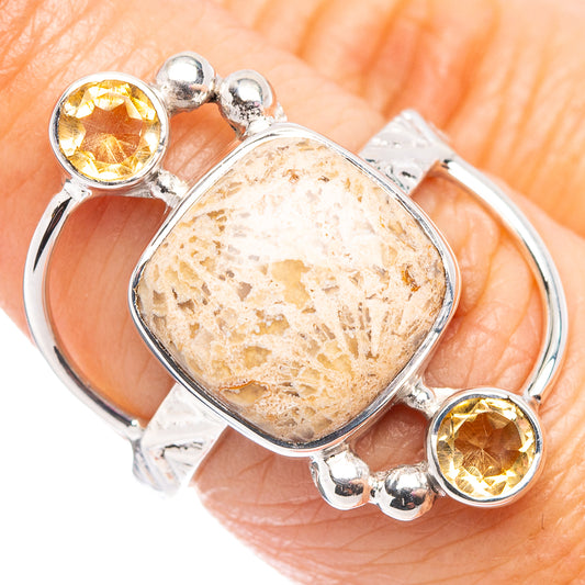 Sterling silver oval fossil coral ring with three round citrine accents, size 6.75
