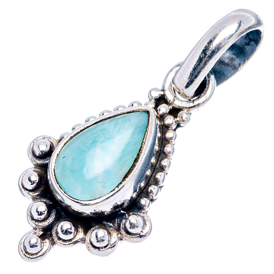 Larimar teardrop pendant in .925 sterling silver with ornate bezel and bead details