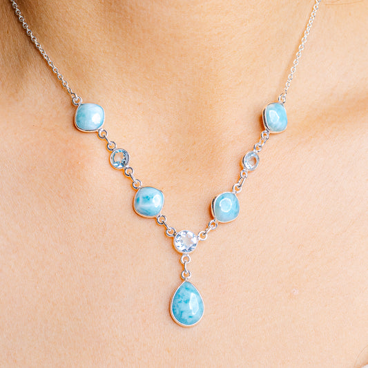 Sterling silver blue gemstone necklace with drop and round larimar-style beads
