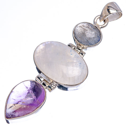 Oval gemstone pendant in .925 sterling silver with iridescent white, purple, and gray stones