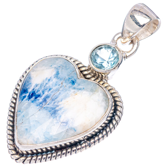 Sterling silver heart pendant with blue-white stone in bezel, blue round accent on bail