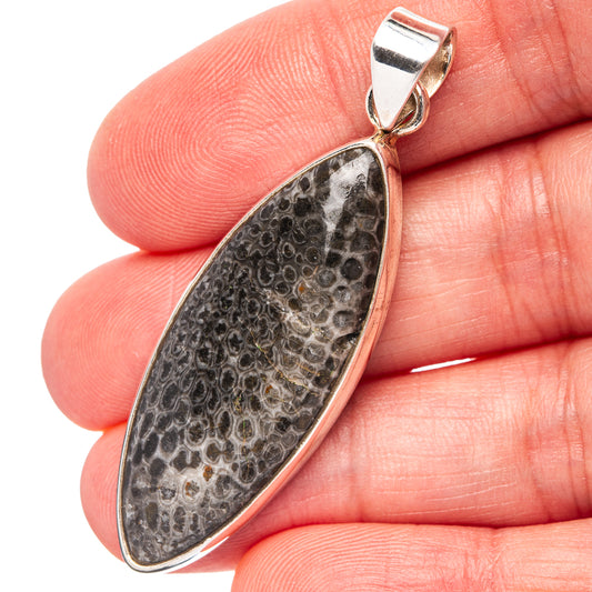 Sterling silver stingray coral pendant, teardrop with dark gray marbled inlay and bail