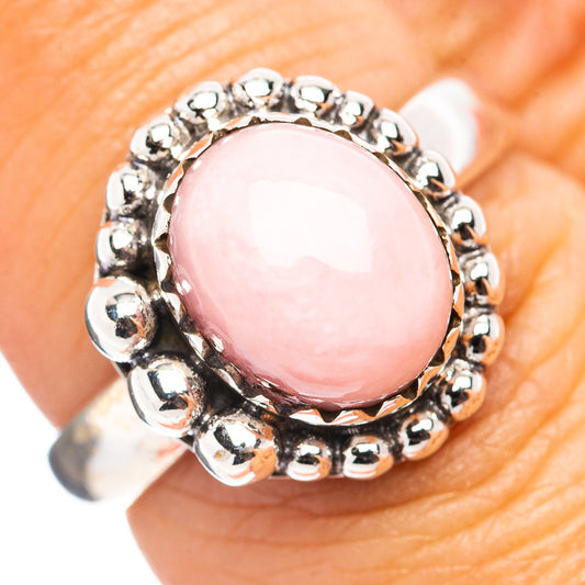 Pink opal cabochon sterling silver ring with beaded halo, size 6.75