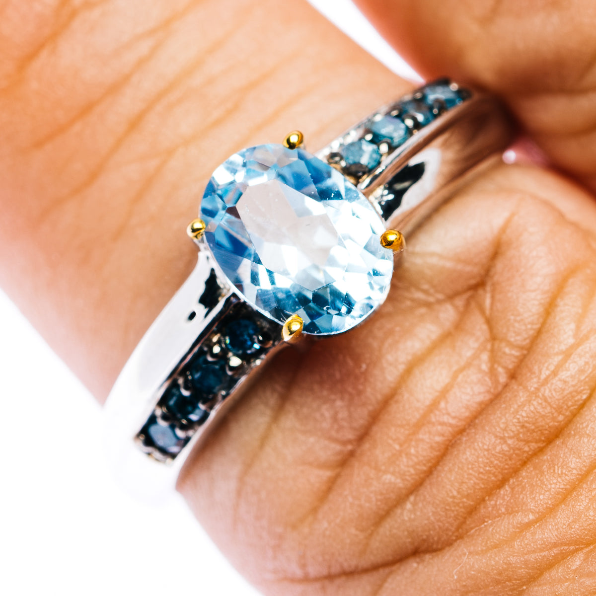 Blue Topaz, Blue Diamond Ring Size 7.75 (.925 Sterling Silver)