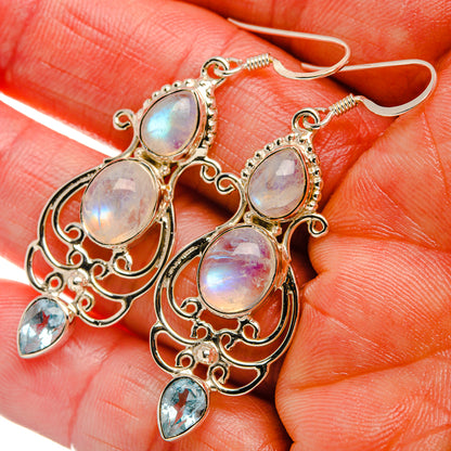 Signature Rainbow Moonstone, Blue Topaz 925 Sterling Silver Earrings 2 1/8" (925 Sterling Silver) EARR431958