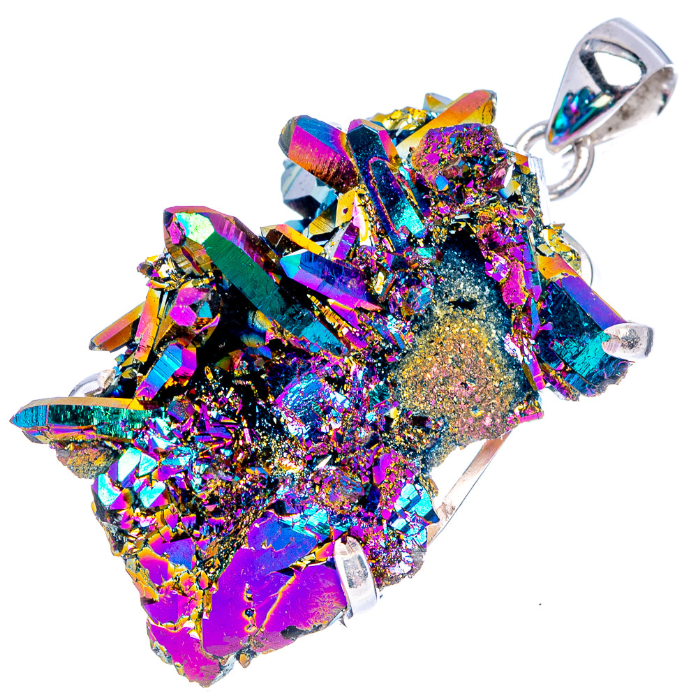 Multicolor aura quartz pendant with silver prong setting, faceted crystal cluster