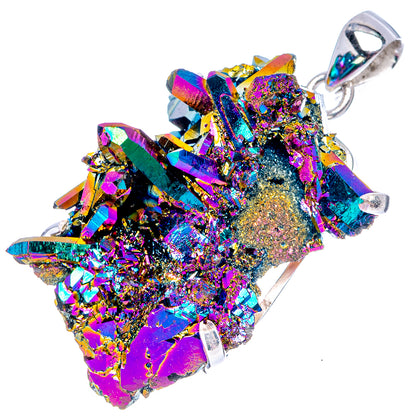 Multicolor aura quartz pendant with silver prong setting, faceted crystal cluster