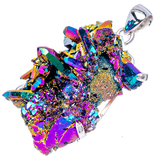 Multicolor aura quartz pendant with silver prong setting, faceted crystal cluster